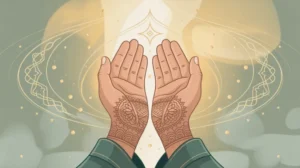 Ilustrasi doa kesembuhan segala penyakit dengan tangan yang sedang berdoa dan cahaya ilahi