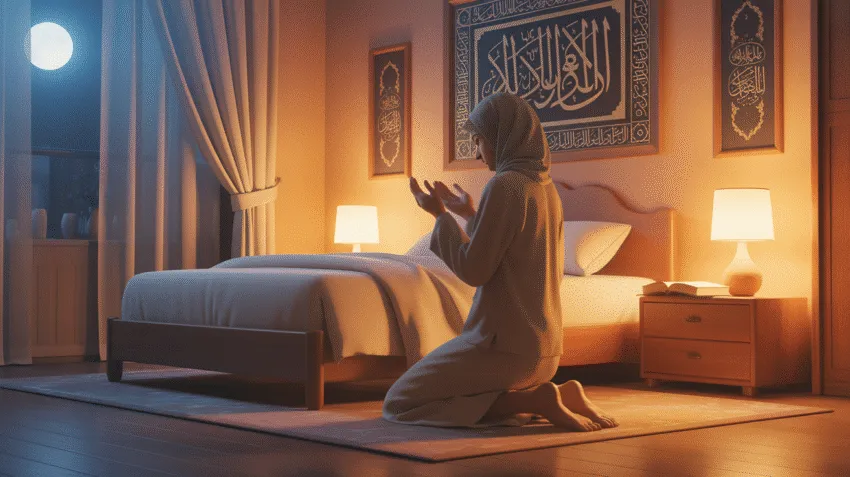 Ilustrasi doa lunas hutang sebelum tidur dengan suasana malam yang tenang
