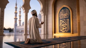 Ilustrasi seseorang membaca doa saat masuk masjid