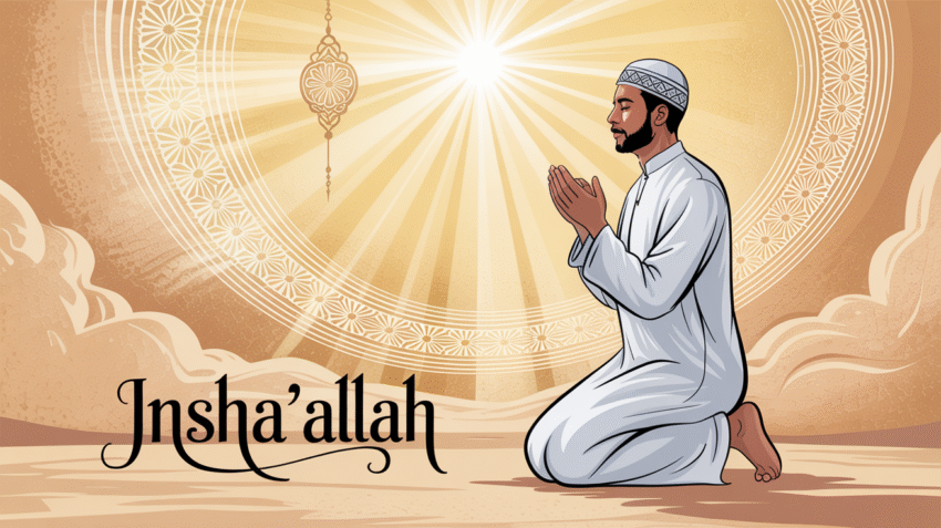 Ilustrasi doa memohon kesembuhan untuk diri sendiri dengan tangan terangkat dan cahaya ilahi