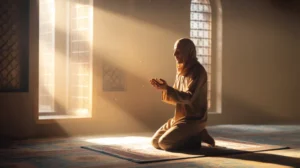 Ilustrasi doa pagi hari dengan suasana tenang dan cahaya matahari pagi