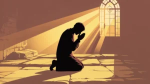 Ilustrasi doa pagi Katolik dengan siluet orang berdoa di pagi hari dengan cahaya matahari terbit