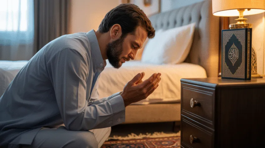 Ilustrasi doa pelunas hutang sebelum tidur dengan gambar orang berdoa di malam hari