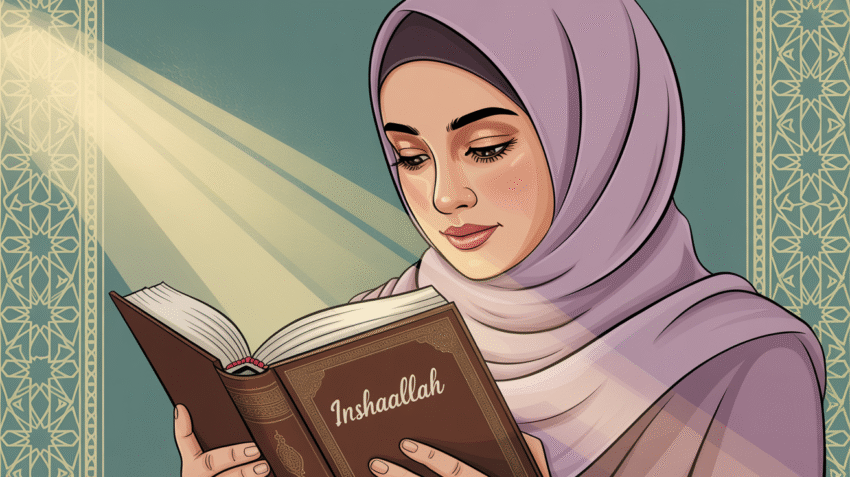 Ilustrasi muslimah membaca doa pendek sehari-hari dengan background yang tenang