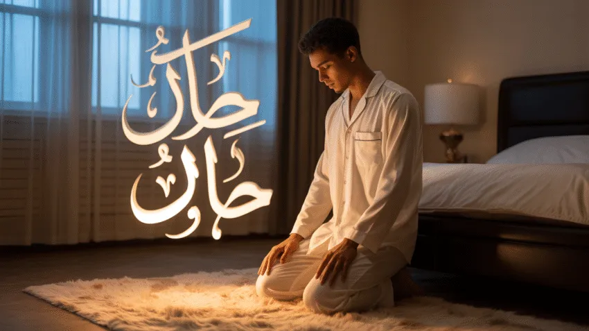 Ilustrasi doa penghapus dosa sebelum tidur dengan suasana kamar yang tenang