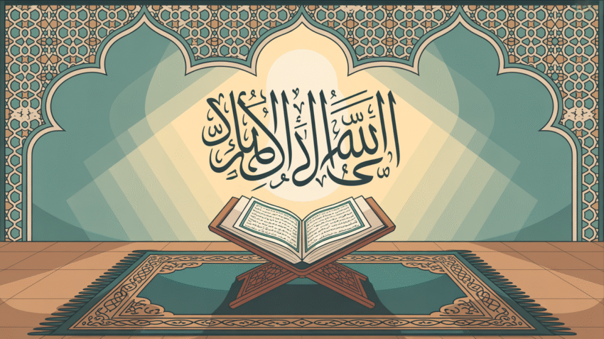 Ilustrasi doa Rasulullah di pagi hari dengan latar matahari terbit dan mushaf