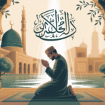 Ilustrasi doa rezeki lancar dan berkah dengan latar masjid dan cahaya spiritual