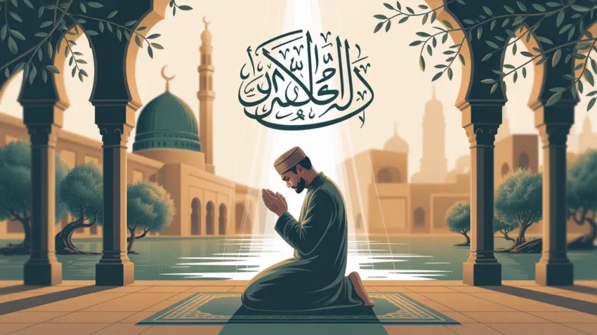 Ilustrasi doa rezeki lancar dan berkah dengan latar masjid dan cahaya spiritual