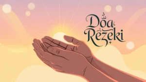 Ilustrasi doa rezeki pagi dengan latar matahari terbit dan tangan berdoa