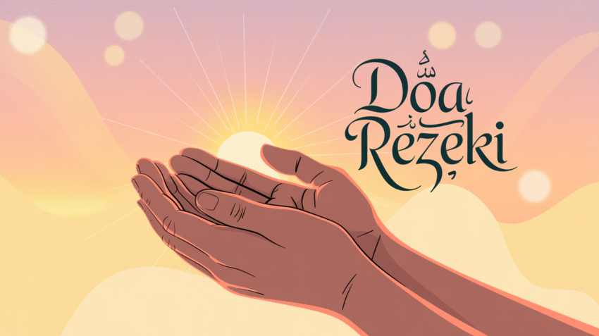 Ilustrasi doa rezeki pagi dengan latar matahari terbit dan tangan berdoa