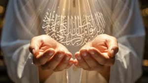Ilustrasi doa sembuh penyakit dengan tangan yang sedang berdoa dan cahaya ilahi