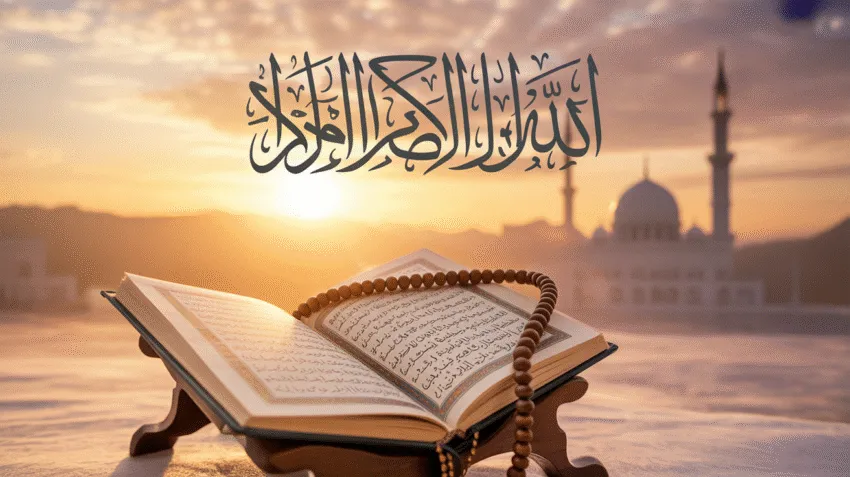 Ilustrasi doa Senin pagi dengan background matahari terbit dan tulisan Arab
