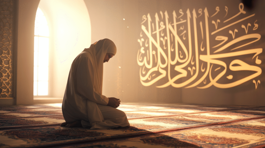 Ilustrasi doa untuk hari ini dengan background kaligrafi dan cahaya lembut