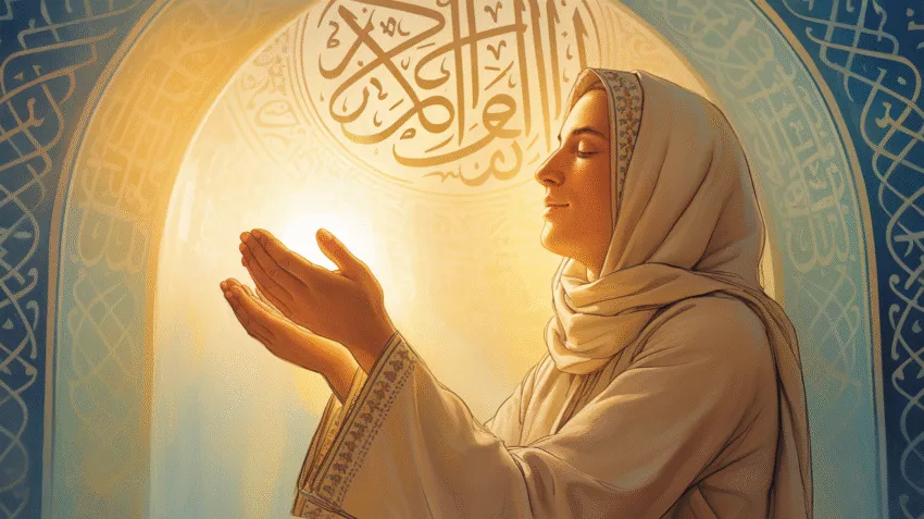 Ilustrasi doa untuk kesembuhan orang lain dengan tangan terangkat dan cahaya spiritual