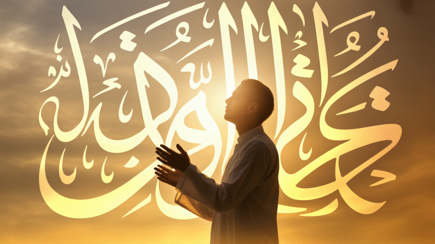 Ilustrasi doa untuk kesembuhan penyakit dengan tangan terangkat dan background kaligrafi Arab