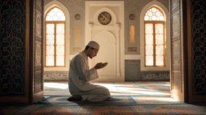 Ilustrasi muslim sedang berdzikir setelah sholat dengan latar masjid yang tenang