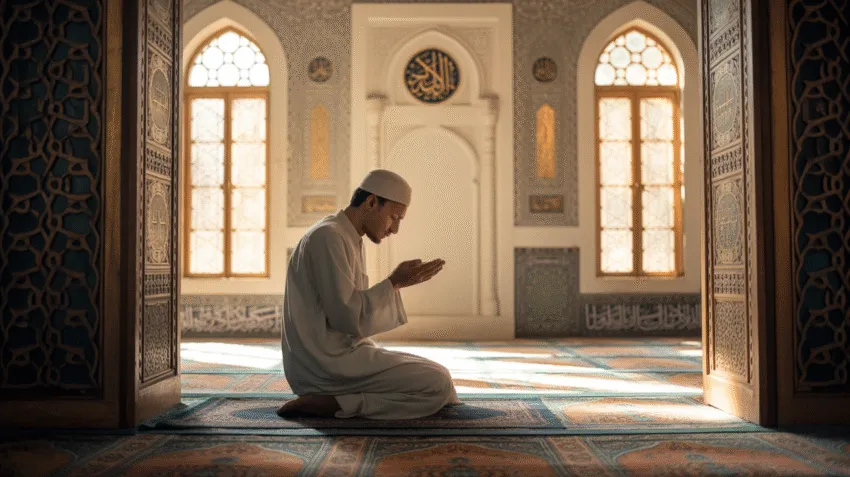 Ilustrasi muslim sedang berdzikir setelah sholat dengan latar masjid yang tenang