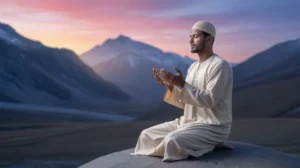 Ilustrasi muslim berdzikir di waktu pagi dengan pemandangan alam yang tenang