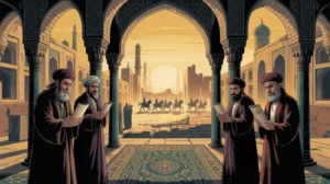 Ilustrasi sejarah kemunduran Dinasti Abbasiyah dengan latar belakang istana dan peta kekhalifahan