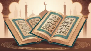 Ilustrasi hadits pendek tentang ilmu dengan buku dan kaligrafi Arab