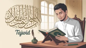 Ilustrasi seseorang sedang mempelajari ilmu tajwid dengan Al-Quran