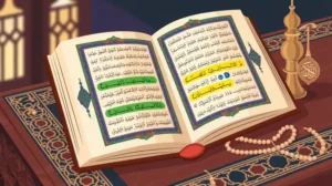 Ilustrasi hukum tajwid Surah Al Maidah ayat 48 dengan mushaf Al-Quran