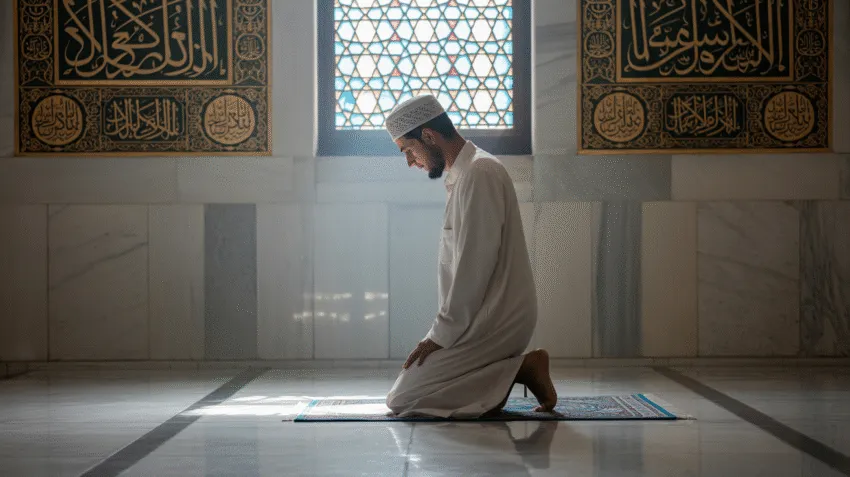 Ilustrasi muslim sedang beribadah dengan khusyuk