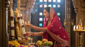 Ritual ibadah Hindu dengan sesaji dan dekorasi tradisional di pura