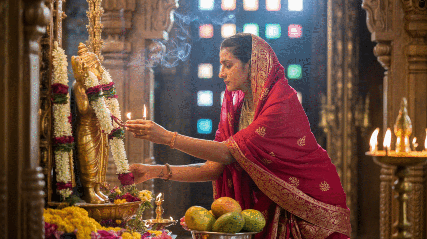 Ritual ibadah Hindu dengan sesaji dan dekorasi tradisional di pura