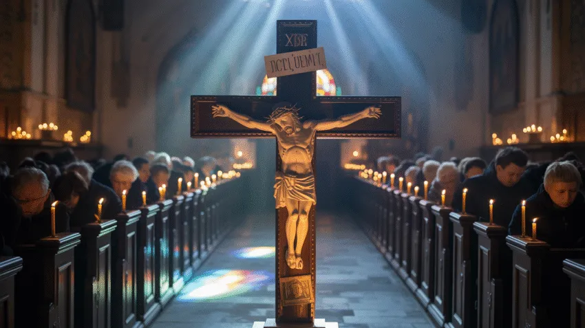 Ibadah Jumat Agung di gereja dengan salib dan lilin sebagai simbol pengorbanan Yesus