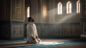 Ilustrasi muslim sedang beribadah mahdhah dengan khusyuk
