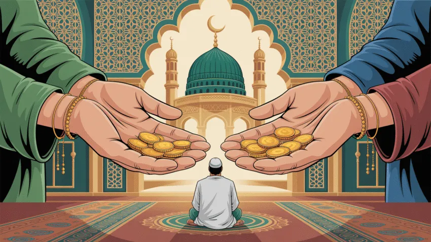 Ilustrasi ibadah zakat dalam rukun Islam dengan gambar tangan memberikan sedekah