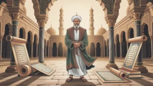 Ilustrasi Khalifah Umar bin Khattab dengan latar masjid kuno dan naskah kuno