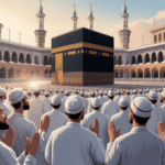 Ilustrasi ibadah haji di Masjidil Haram dengan jamaah thawaf mengelilingi Ka'bah