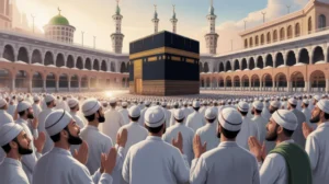 Ilustrasi ibadah haji di Masjidil Haram dengan jamaah thawaf mengelilingi Ka'bah