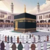 Ilustrasi Ka'bah di Masjidil Haram dengan jamaah haji sedang tawaf