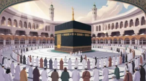 Ilustrasi Ka'bah di Masjidil Haram dengan jamaah haji sedang tawaf