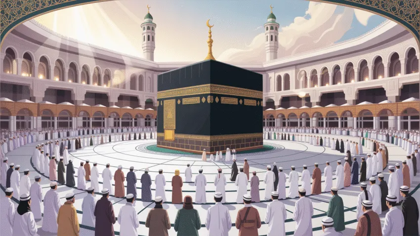 Ilustrasi Ka'bah di Masjidil Haram dengan jamaah haji sedang tawaf