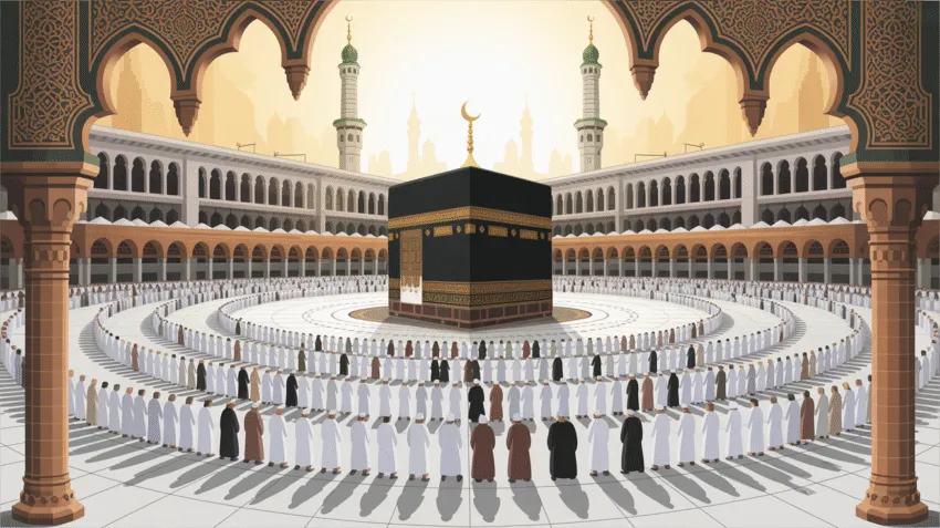 Ilustrasi Haji Wada dengan gambar Ka'bah dan jamaah haji di Masjidil Haram
