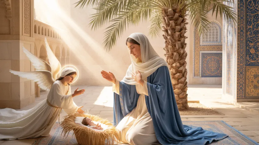 Ilustrasi kelahiran Nabi Isa menurut Al-Qur'an dengan cahaya ilahi