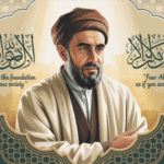 Ilustrasi Umar bin Khattab dengan latar kaligrafi Arab dan kata-kata bijak