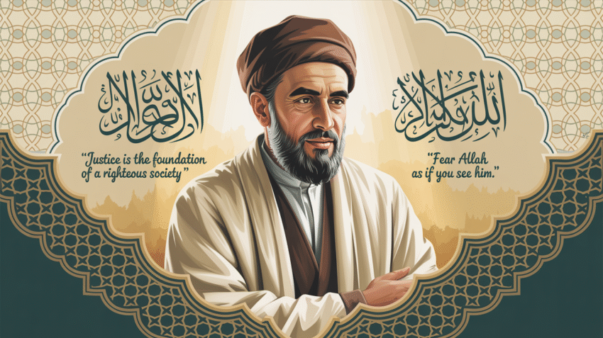 Ilustrasi Umar bin Khattab dengan latar kaligrafi Arab dan kata-kata bijak