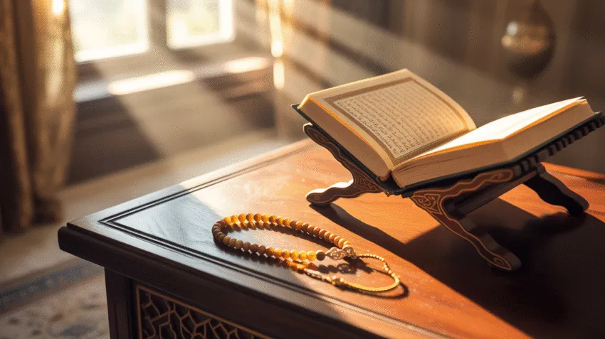 Ilustrasi doa pagi hari dengan suasana tenang dan cahaya matahari pagi