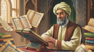 Ilustrasi Umar bin Khattab dengan latar belakang kaligrafi Islam