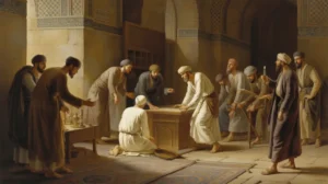 Ilustrasi sejarah kematian Ali bin Abi Thalib dengan latar masjid kuno