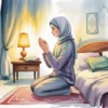 Ilustrasi muslim berdoa sebelum tidur dengan suasana tenang dan damai