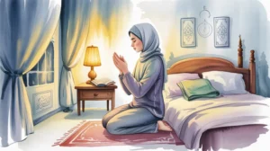 Ilustrasi muslim berdoa sebelum tidur dengan suasana tenang dan damai