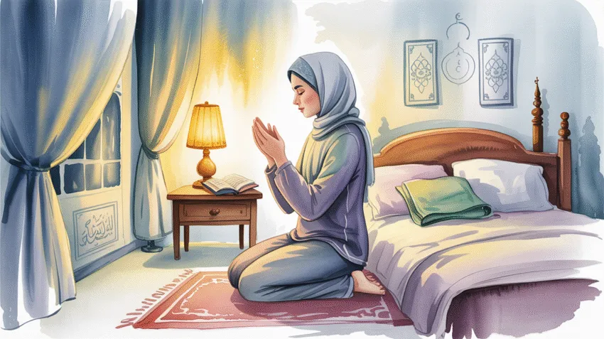 Ilustrasi muslim berdoa sebelum tidur dengan suasana tenang dan damai