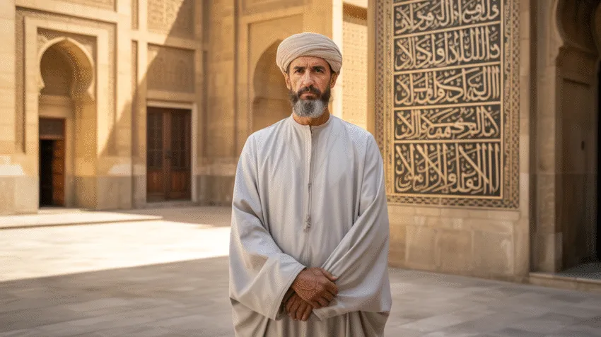 Potret Khalifah Ali bin Abi Thalib dengan latar masjid kuno
