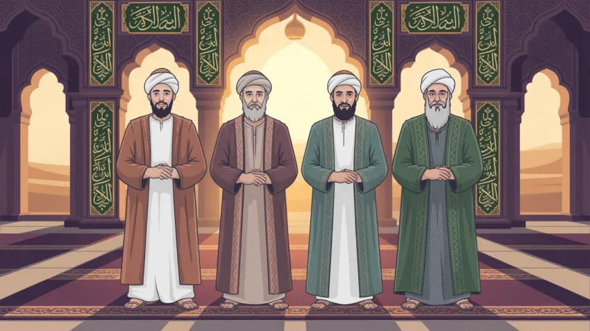 Ilustrasi empat Khulafaur Rasyidin dengan latar masjid kuno